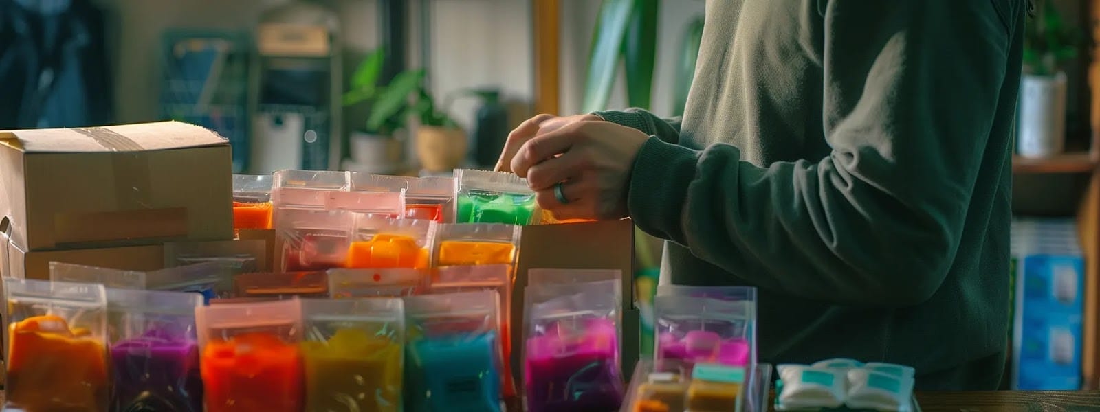 a person eagerly opening a same-day delivery package filled with colorful nicotine pouches, showcasing flavors like rhubarb and spearmint, with a background of a stack of raspberry juice pouches waiting to be enjoyed.