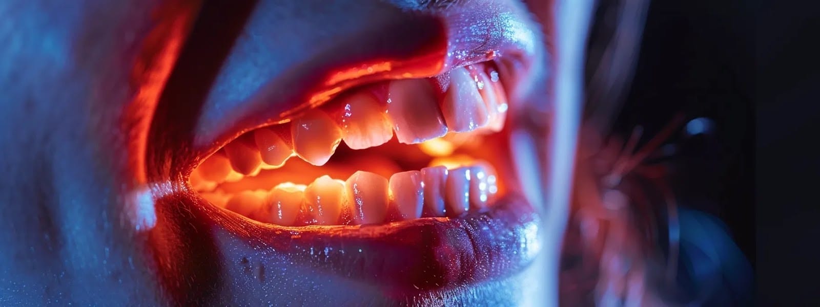 a close-up shot of a person's mouth showing red, inflamed gums and damaged teeth as a result of nicotine pouch usage.