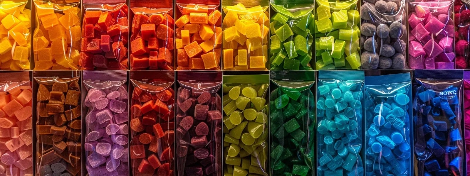 a vibrant array of nicotine pouches in assorted flavors, ranging from refreshing mint to tantalizing berry blends, displayed in a colorful spectrum.