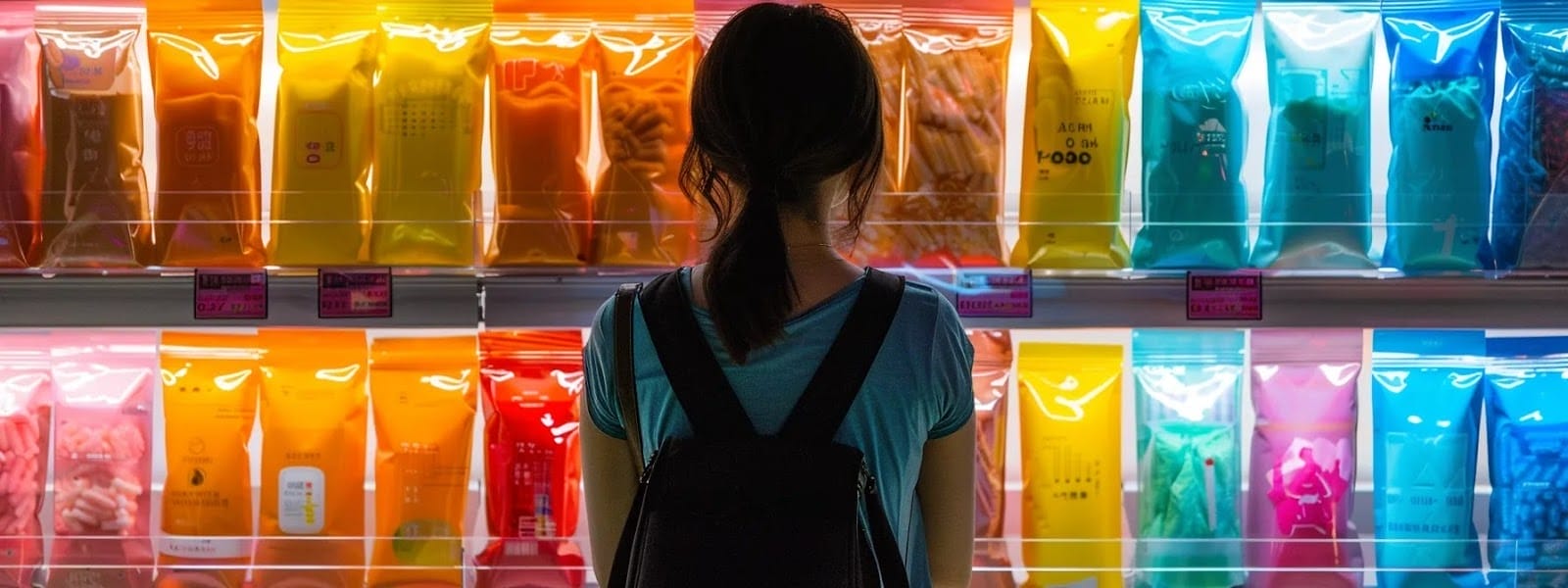 a person standing in front of a colorful display of different flavored nicotine pouches, pondering their personal taste preferences.