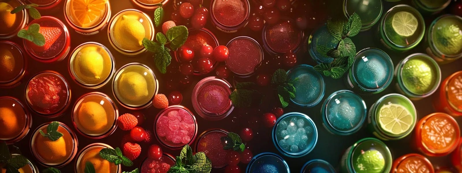 a vibrant display of colorful nicotine pouches, with refreshing mint, juicy berry, zesty citrus, rich coffee, and warm cinnamon flavors, enticing users to explore a world of taste sensations.