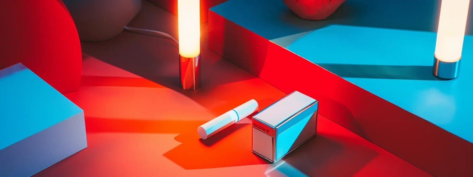 a vibrant scene featuring a modern, sleek nicotine pouch alongside a traditional cigarette, highlighting the contrasting options for nicotine delivery.