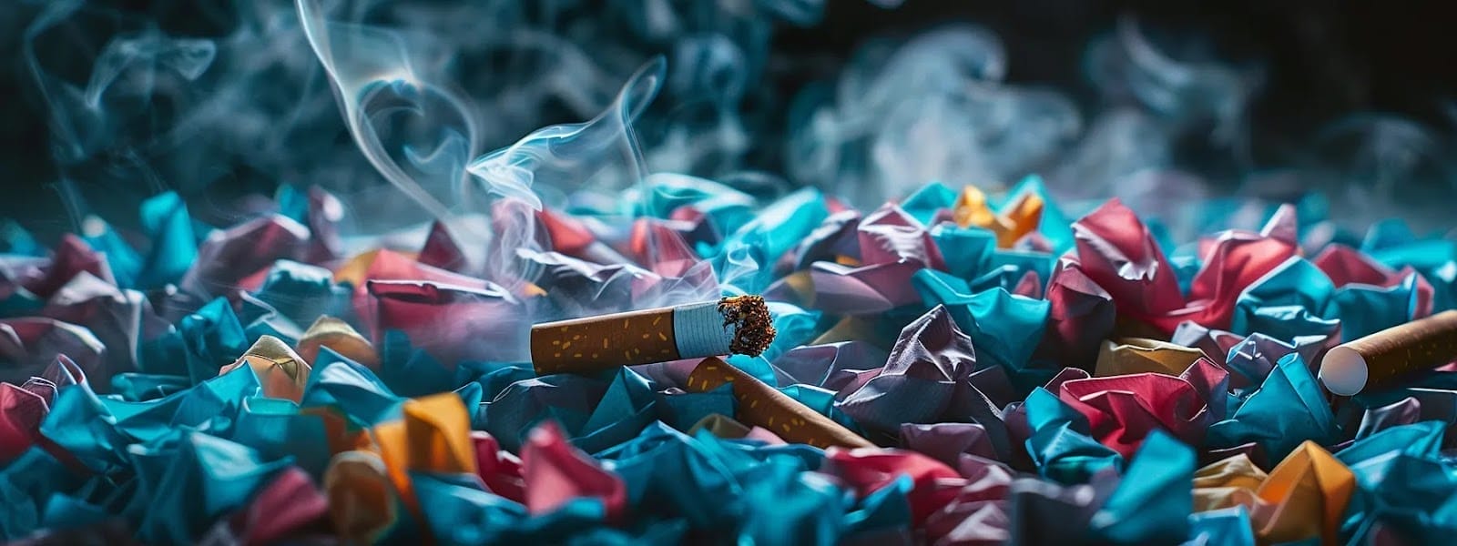 a pile of vibrant, colorful nicotine pouches contrasting with a single dull, smoke-emitting cigarette.